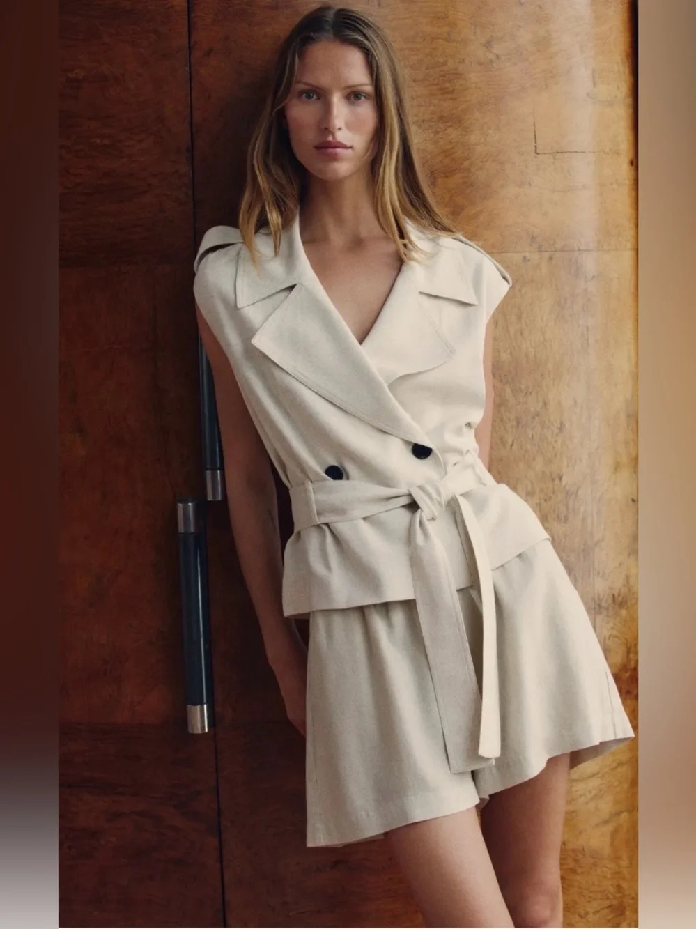 Zara NWT Beige Linen Double Breasted Belted Tailored Vest Quiet Luxury